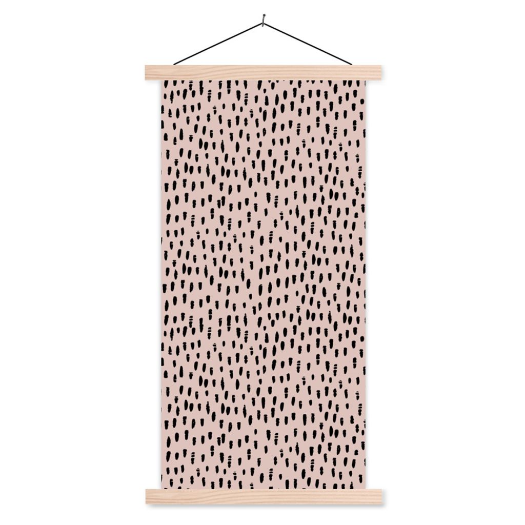 MuchoWow Textilposter Polka dots - Rosa - Schwarz 60x120 cm mit holzfarbenen Rahmen - Holz