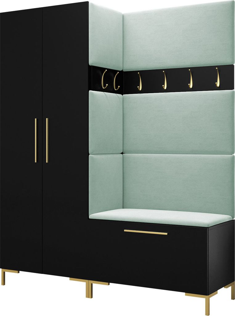 MIRJAN24 Garderoben-Set Zilion I, Garderobe mit 4 Stück Gepolstertes Wandpaneel Pag 84x42 und 3 Stück 42x42 (Schwarz + Gold, Manila 11)