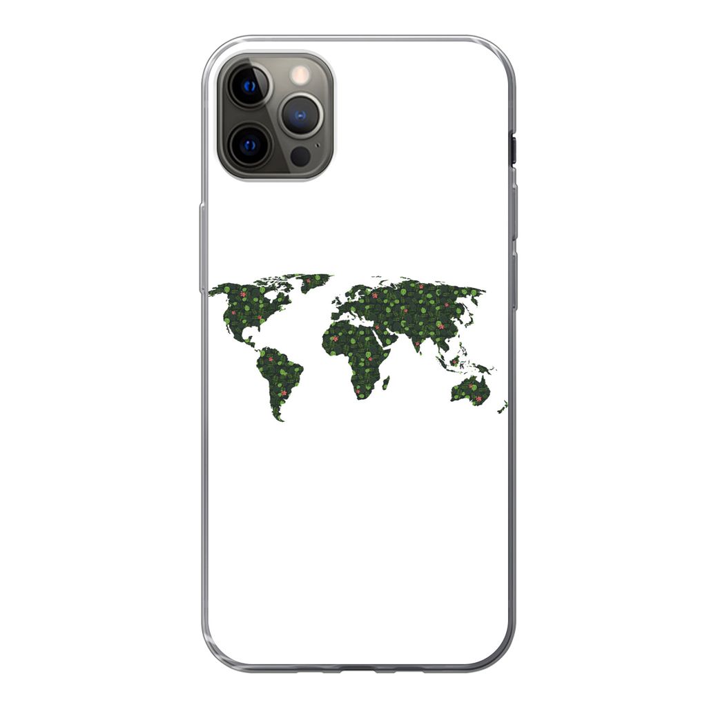 MuchoWow Handyhülle Schutzhülle Hülle für iPhone 12 Pro Max Weltkarte - Grün - Blätter Silikon Softcase Handy Hülle - Hartschale