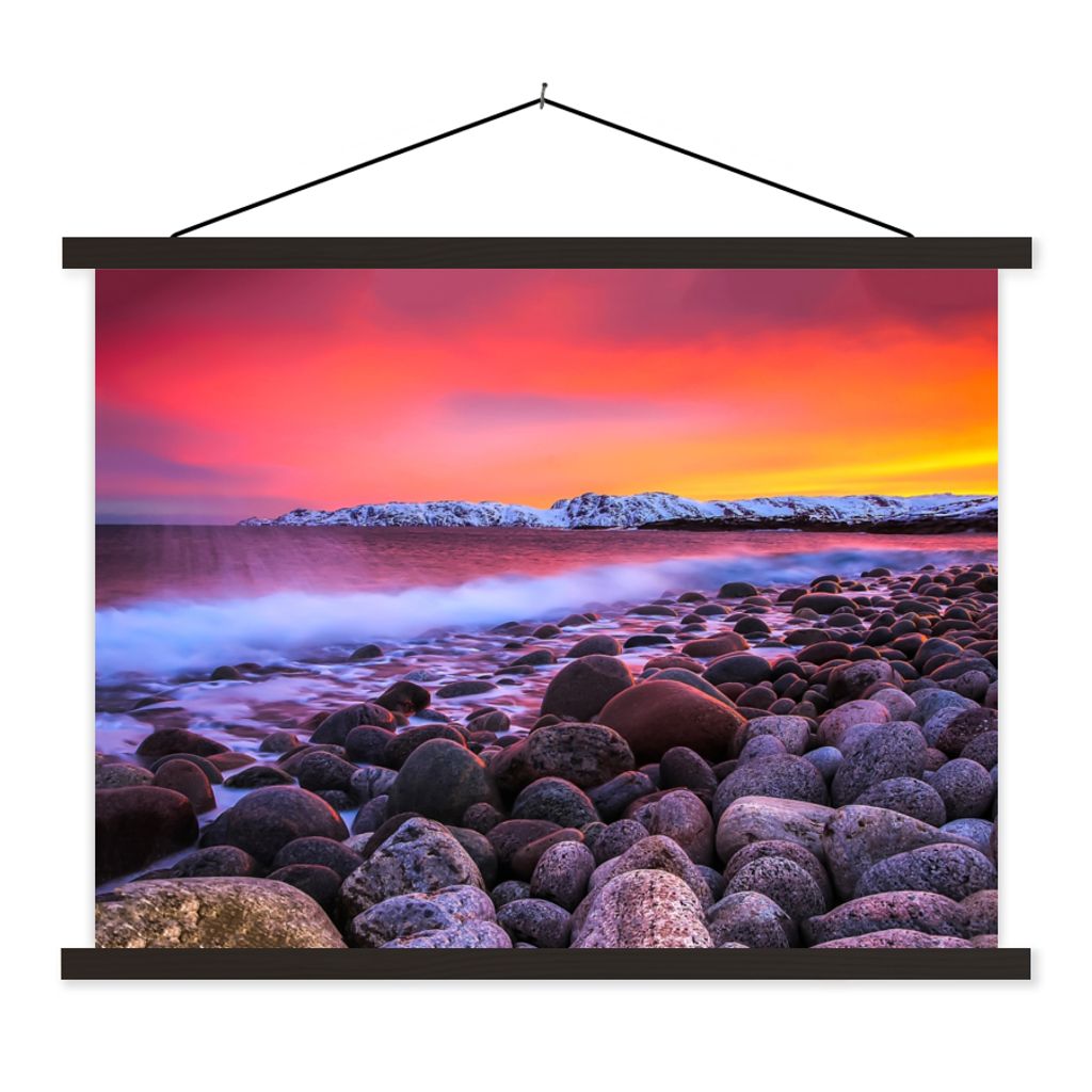 MuchoWow Textilposter Sonne - Steine - Schnee - Landschaft - Wasser 60x45 cm mit schwarzem Rahmen - Poster Schlafzimmer