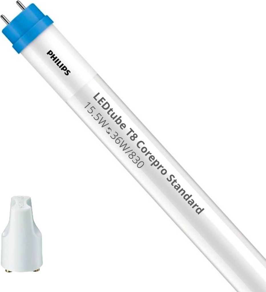 A Philips LED tube light with a white body and blue end caps, shown diagonally against a white background. A small white accessory is placed to the left of the tube.