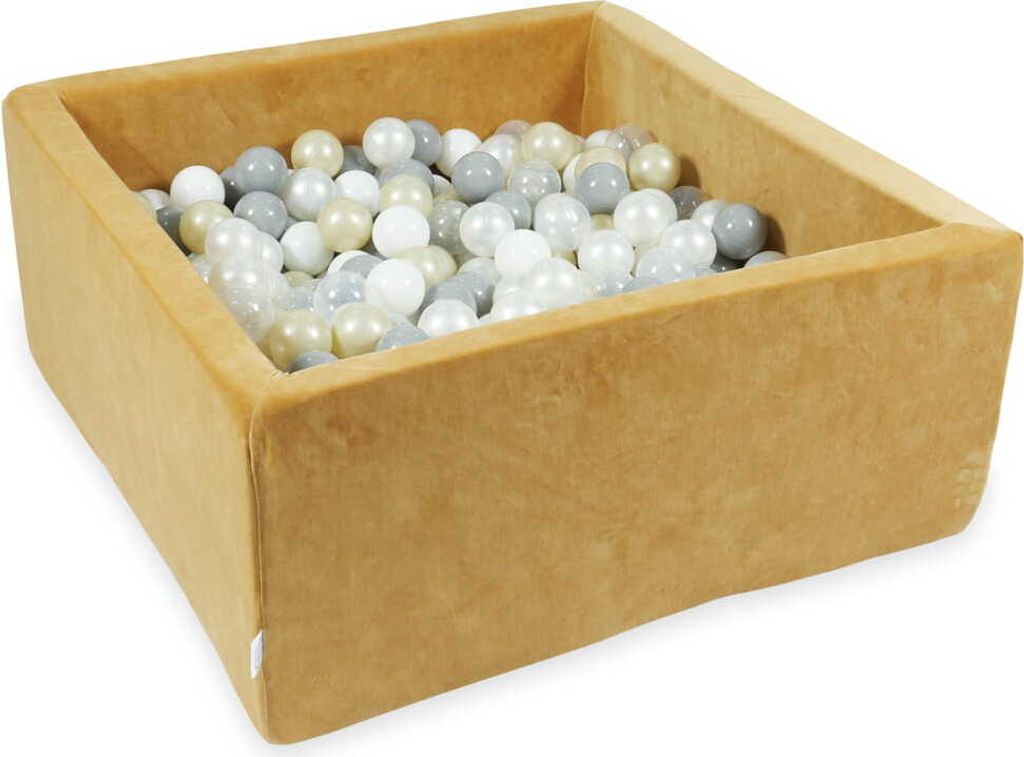 Bällebad 90x90 Samtig weich Carmel – Mit 400 Bällen / transparent, weiß, perlmutt. grau, hellgold