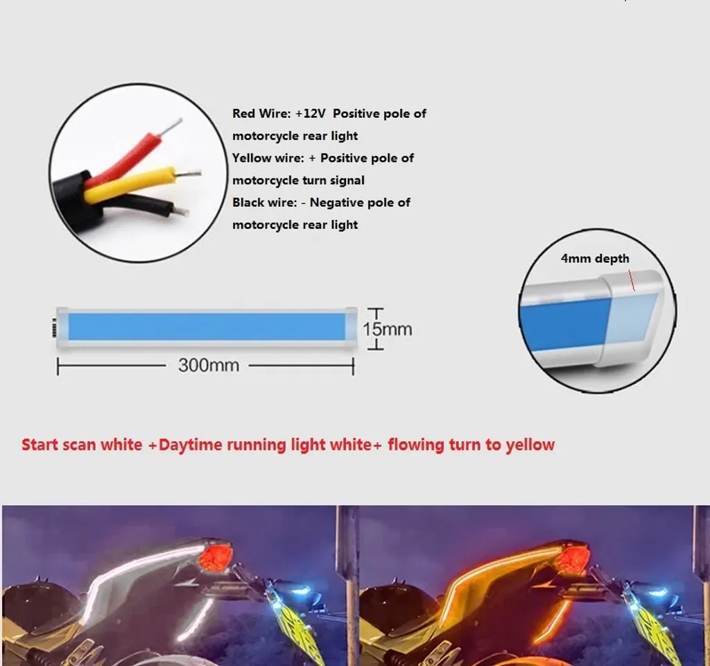 1 paio di moto striscia luminosa LED Daytime Running Sequential Flow Duotone luce bianca + striscia Yellow_30cm