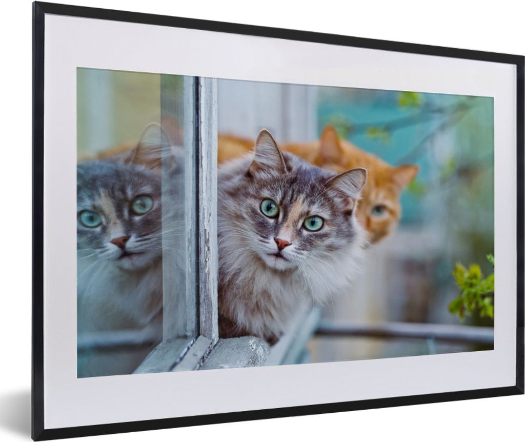 MuchoWow MuchoWow Gerahmtes Poster Katze - Fenster - Katzen 60x40 cm - Poster mit zchwarzem Bilderrahmen - Schlafzimmer - Plakat in Rahmen - Dr...
