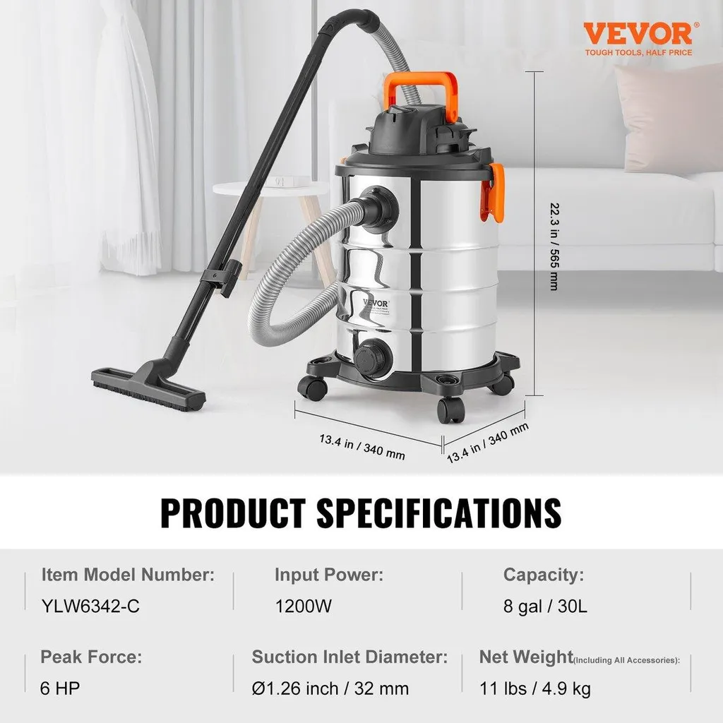 Aspirateur industriel Vac 30L puissance 6 HP avec buse robuste inox argenté