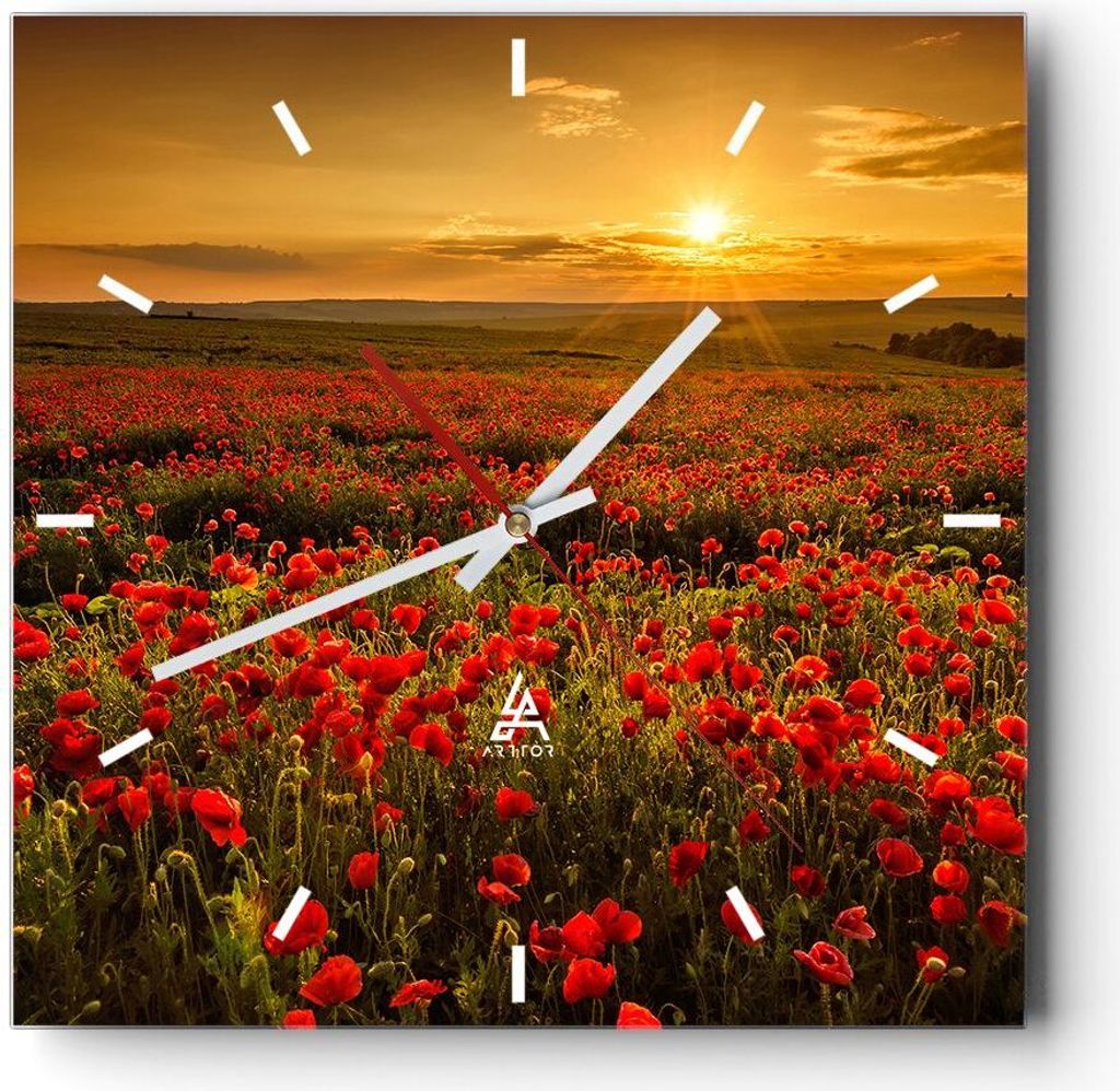 Wanduhr - Quadrat - Glasuhr - Mohn Blume Wiese - 30x30cm - Schleichendes Uhrwerk - Lautlos - zum Aufhängen bereit - Dekoration Modern - Wanddekora...