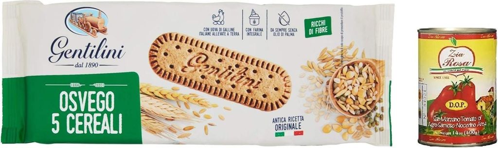6x Gentilini Kekse Osvego 5 Cereali Reich an Ballaststoffen, Kekse mit 5 Cerealien, reich an Ballaststoffen 250g + Zia Rosa DOP Pomodoro San Marzan...