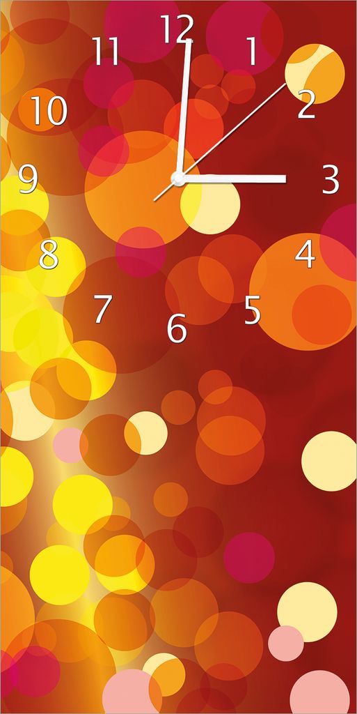 Wallario Design Wanduhr bedruckt, Größe 30 x 60 cm, Motiv: Rote gelbe und orange Kreise - harmonisches Muster