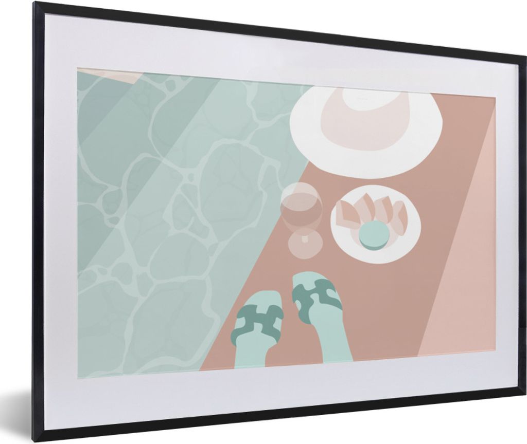 MuchoWow Gerahmtes Poster Weinglas - Hausschuhe - Pool - Sommer 60x40 cm - Poster mit Schwarzem Bilderrahmen Wandposter Rahmen Foto Bilder - Schl...
