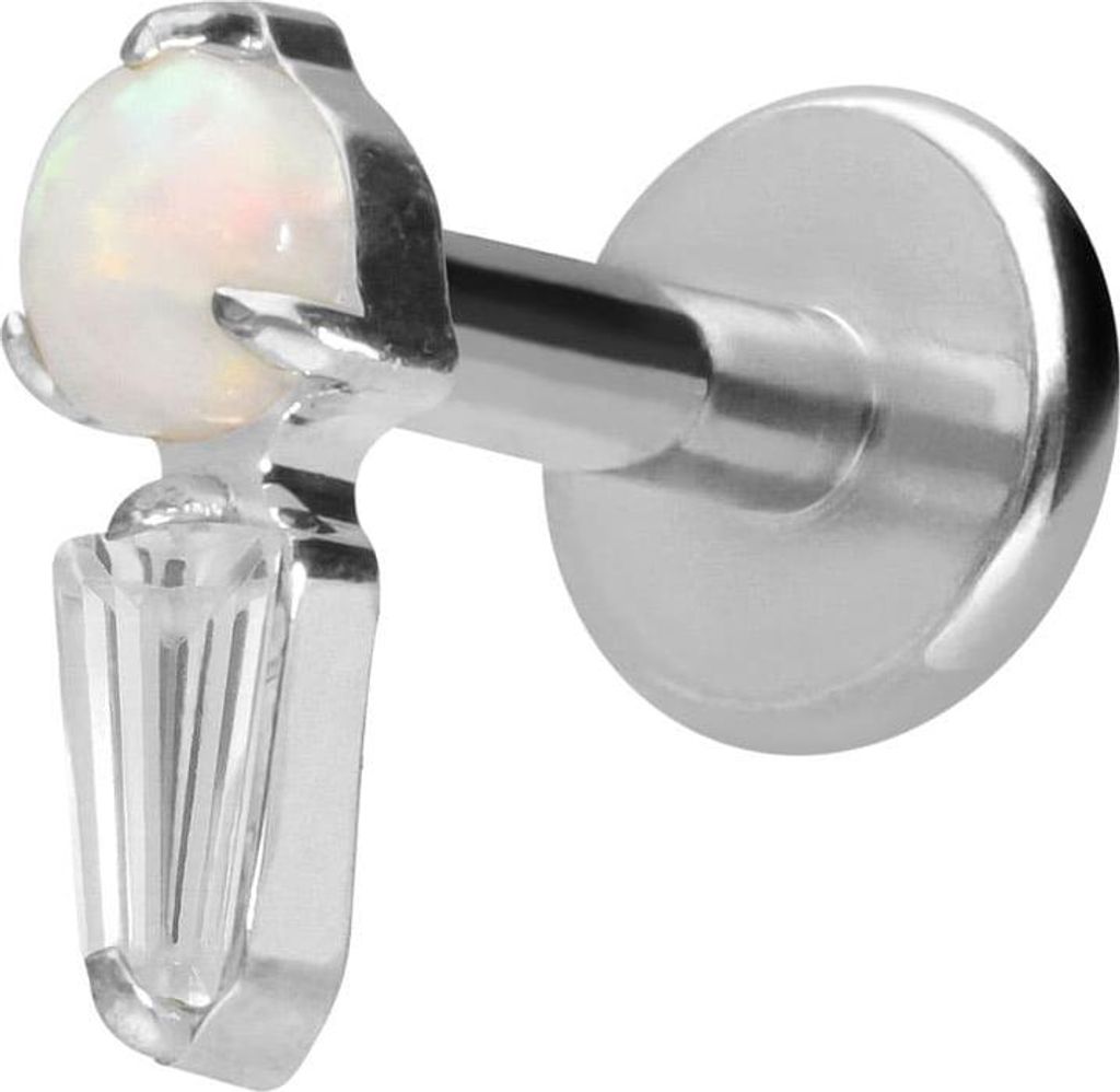 Ohrpiercing, Nasenpiercing Titan Labret mit Innengewinde SYNTHETISCHER OPAL + KRISTALLRECHTECK Silber Stablänge: 10mm | Stabstärke: 1,6mm