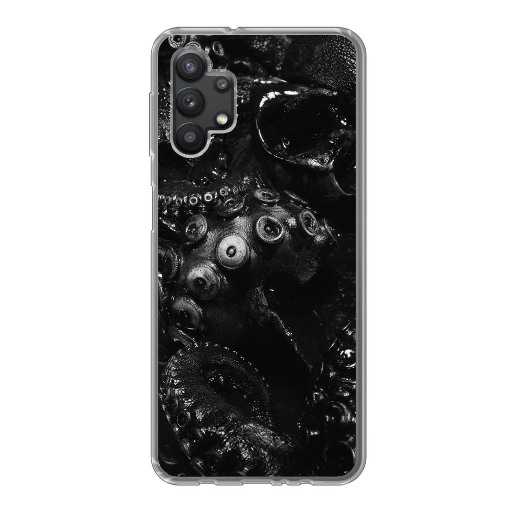 MuchoWow Handyhülle Schutzhülle Hülle für Samsung Galaxy A32 5G Nahaufnahme Oktopus auf schwarzem Hintergrund in schwarz und weiß Silikon So...