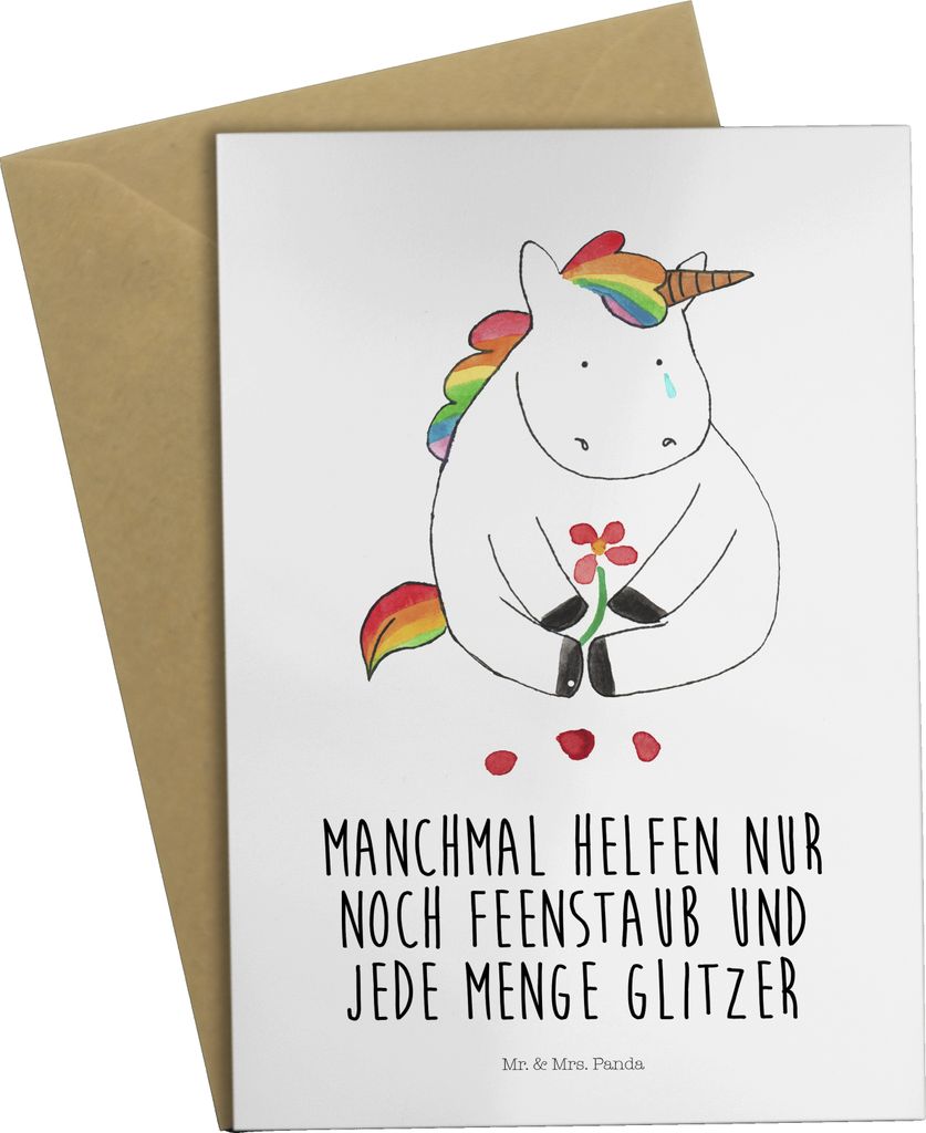 Mr. & Mrs. Panda Glückwunschkarte Einhorn Traurig - Weiß - Geschenk, Klappkarte, einladungskarten, Einhörner, Beileidskarte, Grußkarte, Trauer,...