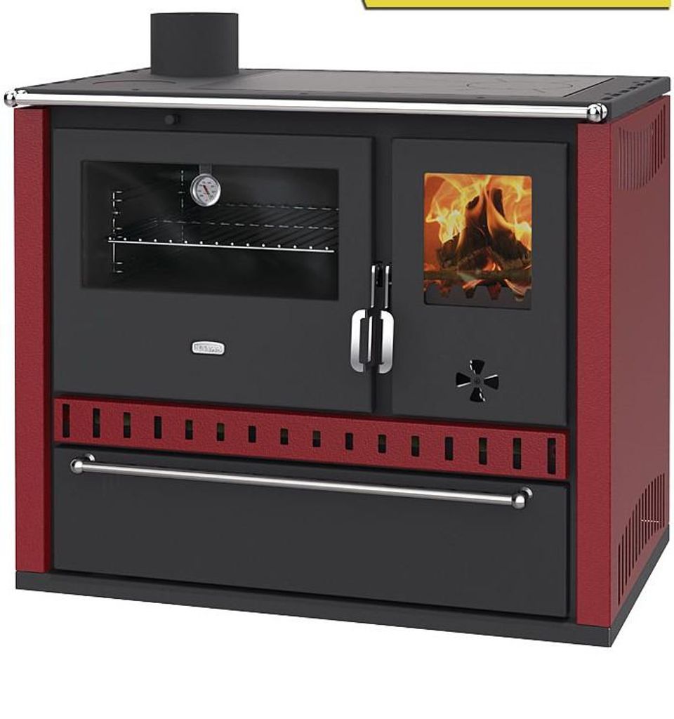 Prity GT FS S DR – Holzherd, Stahlbackofen, Stahlkochplatte, Schublade, 15 kW, Bordeaux Links