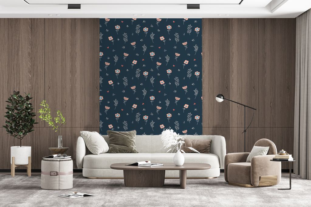MuchoWow Fototapete für Wohnzimmer oder Schlafzimmer Wandtapete Vinyl Motivtapete Blume - Insekten - Muster - 170x260 cm - Wohnzimmertapete