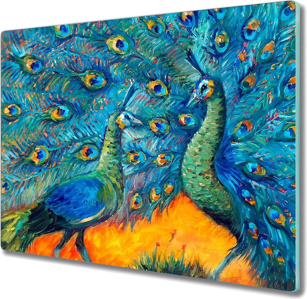 Coloray Hackbrett Küchenbrett Kochplattenabdeckung Schneidebrett Herdabdeckplatte 60x52 cm - Tiere Vögel Pfauen