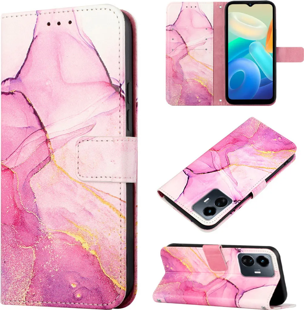 Custodia per VIVO Y77 5G, custodia in Finto cuoio con motivo a marmi, tasche per carte, custodia stand per VIVO Y77 5G rosa