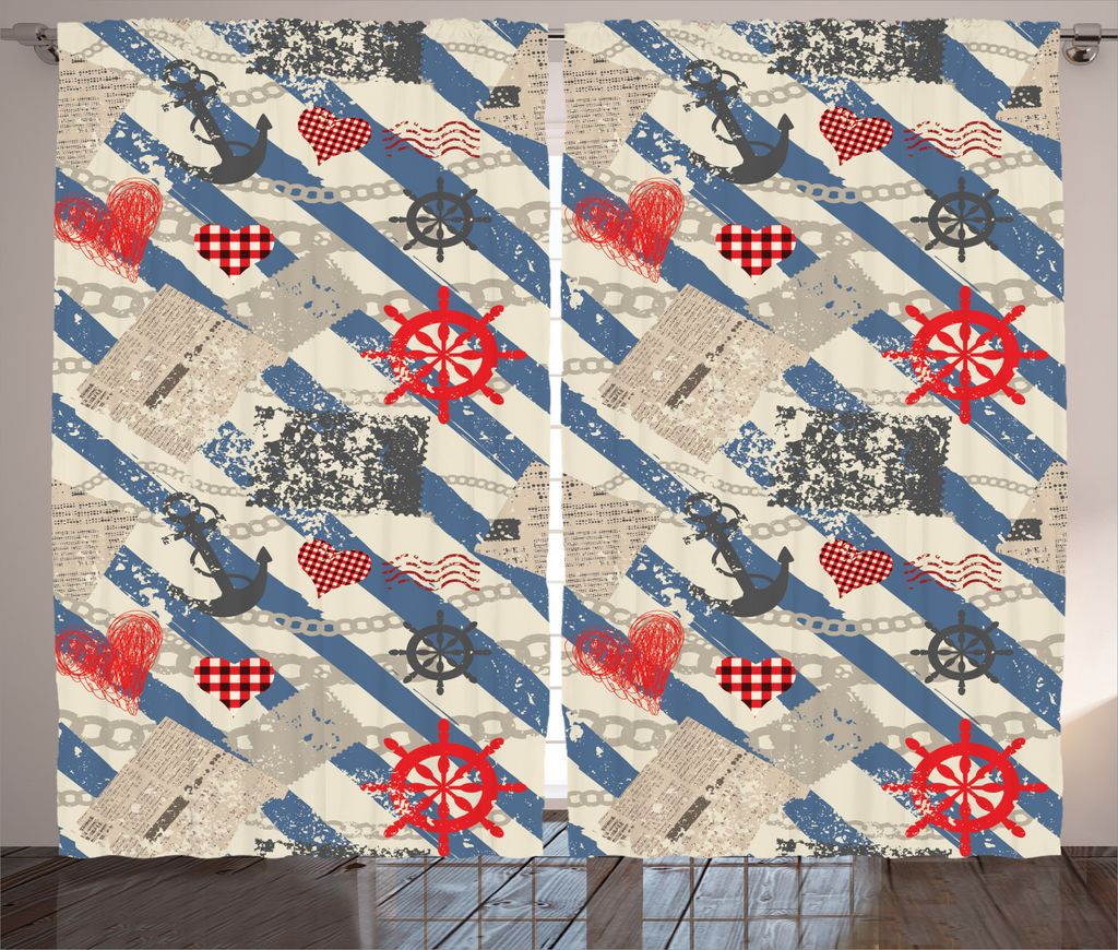 ABAKUHAUS Nautisch Rustikaler Gardine, Grunge-Rad-Herz, Schlafzimmer Kräuselband Vorhang mit Schlaufen und Haken, 280 x 245 cm, Beige Rot Blau