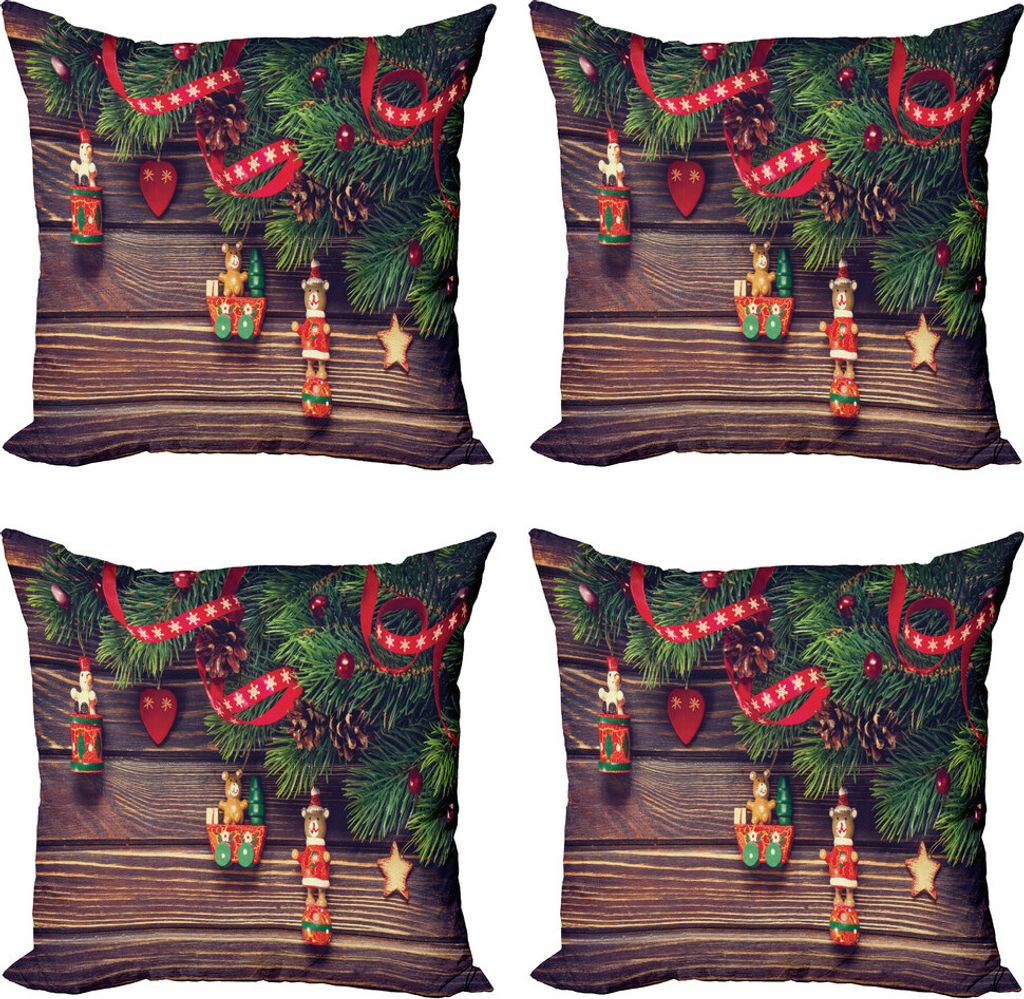 ABAKUHAUS Weihnachten Kissenbezug Set (4 Stück), Vintage Spielzeug Holz, Moderner Doppelseitiger Digitaldruck, 45 cm x 45 cm, Grün und Brown