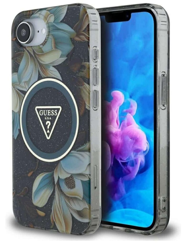 Guess Hülle IML Glitter Blumen MagSafe iPhone 16e