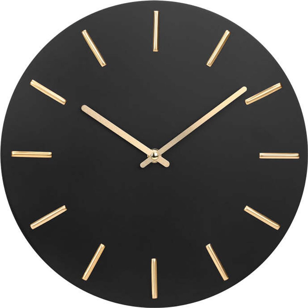 A black wall clock with gold hour markers and hands.