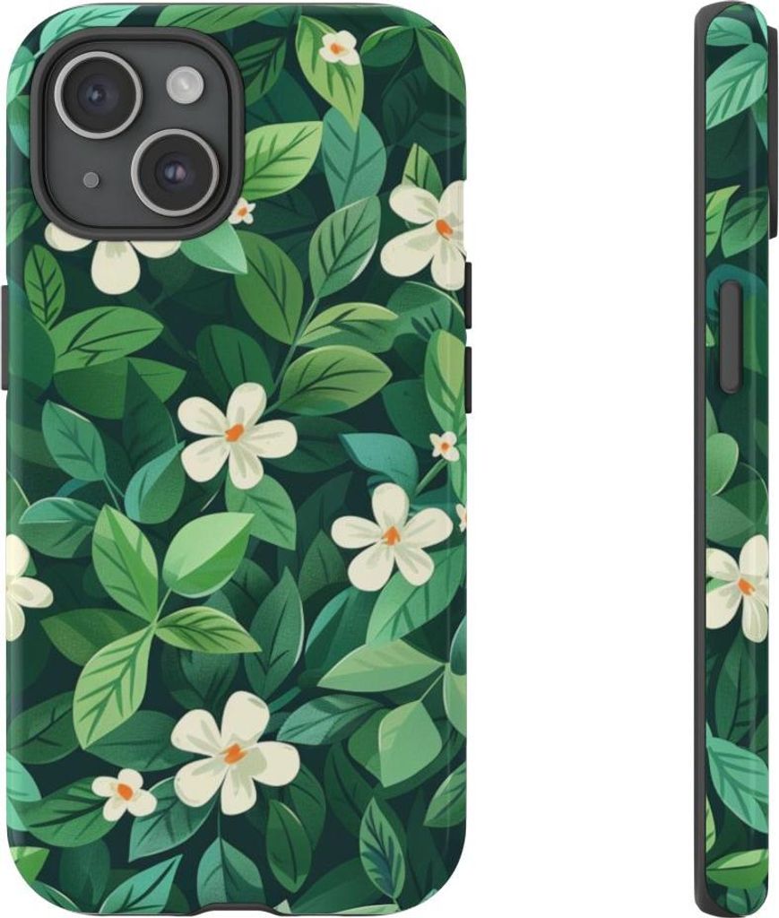 Grünes Blätter- und weiße Blumenmuster – Hülle Kompatibel mit iPhone 15