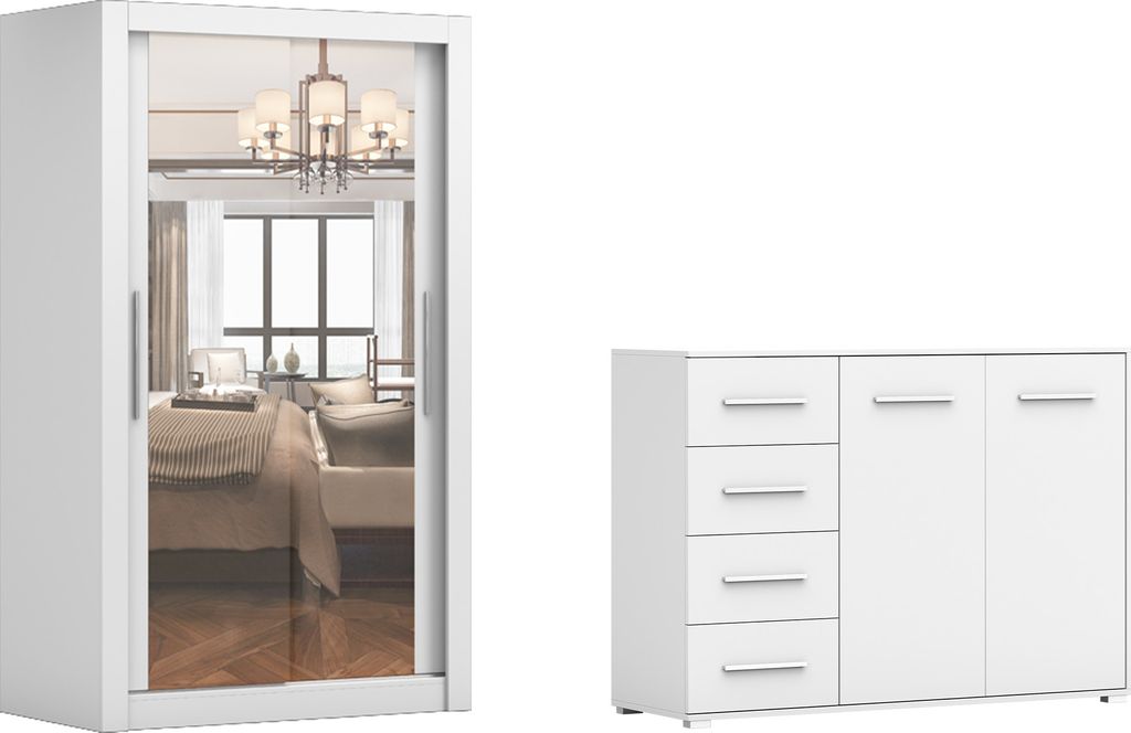 2er-Set Schwebetürenschrank Schrank Kleiderschrank MILAN 120cm mit Spiegel und FRIDA Frida 01 2D4S , Breite: 135cm, Farbe: WEISS/WEISS