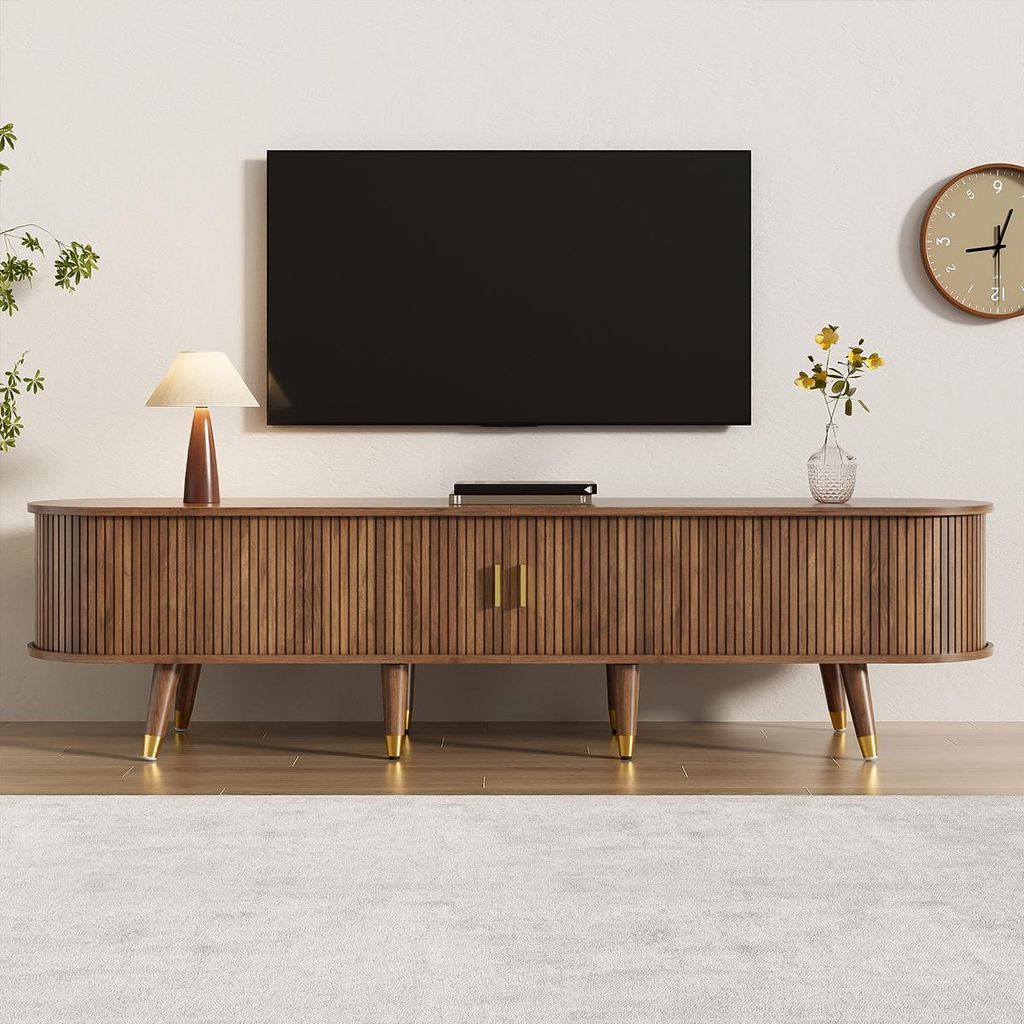 TV-Schrank mit Rattan-Schiebetür offenen Fächern Schubladen und Schrank TV-Tisch TV-Ständer TV-Schranktisch 175 cm Holzfarbe
