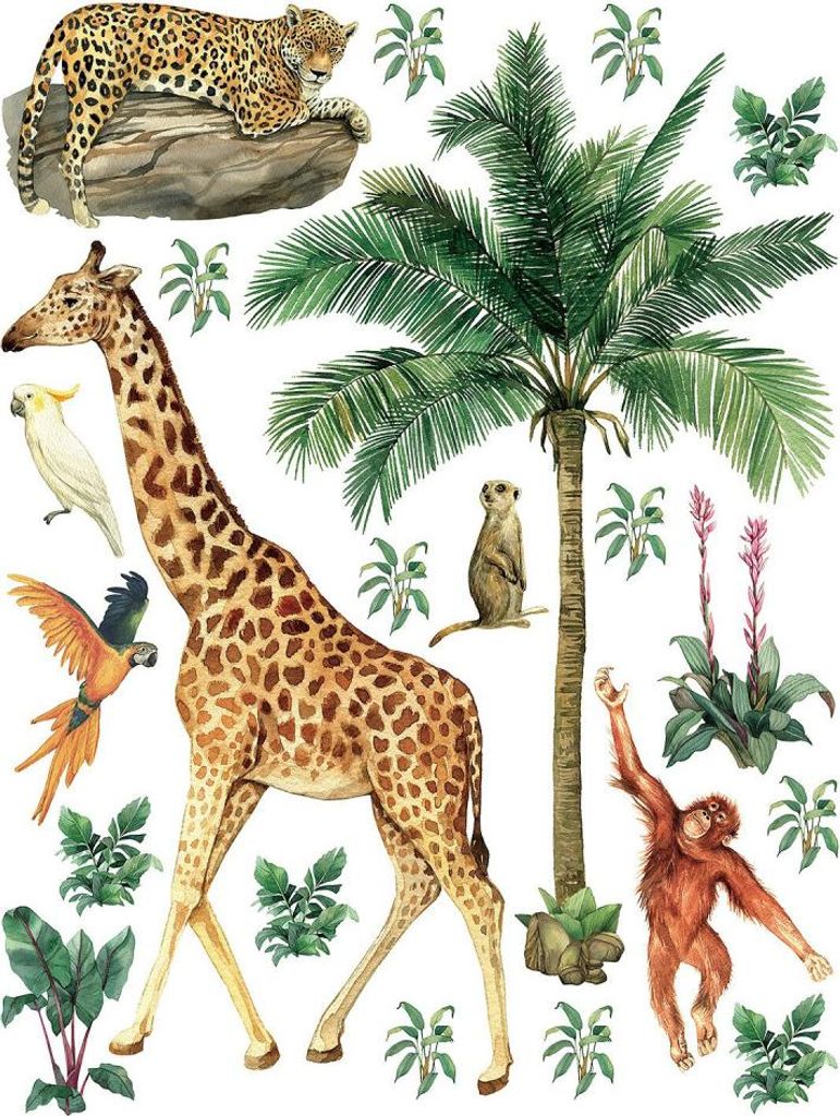Sticker Dschungeltiere: Giraffe, Affe, Leopard - 1 Bogen 65 x 85 cm