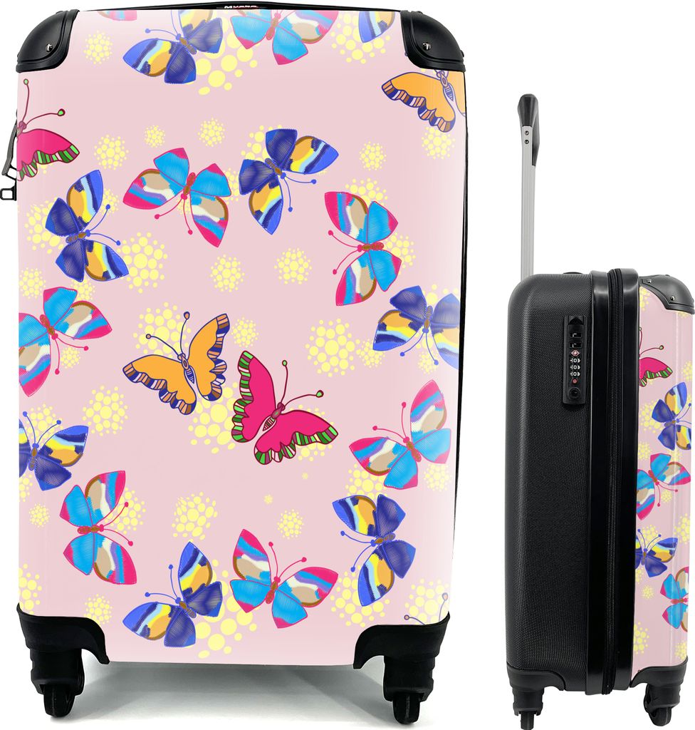 MuchoWow MuchoWow Koffer Handgepäck Trolley Rollkoffer Kleine Reisekoffer mit 4 Rollen - Mädchen - Schmetterling - Insekten - Muster - Mädch...