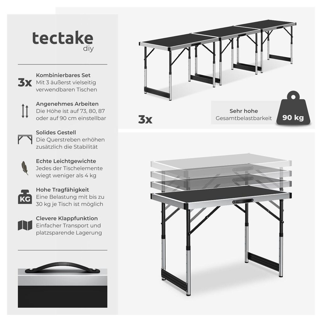 tectake® 3er Set Tapeziertisch klappbar 300 x 60 x 73