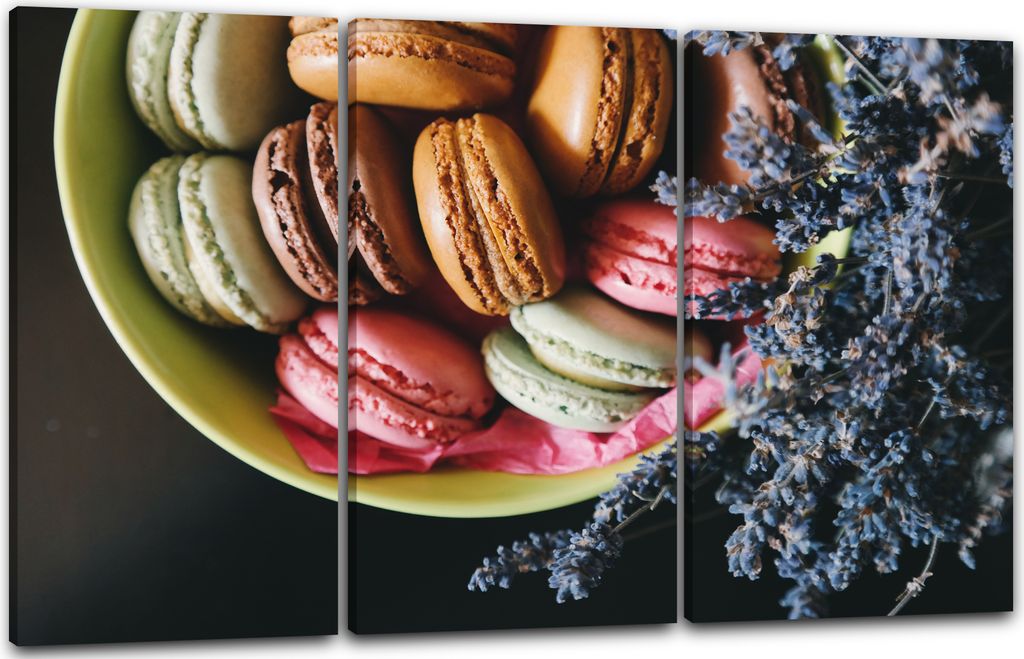 Leinwandbild 3-teilig (120x80cm): Wandbild bunte Macarons (braun, grün, rosa) in grüner Schale, echter Holz-Keilrahmen inkl. Aufhänger, handgefe...