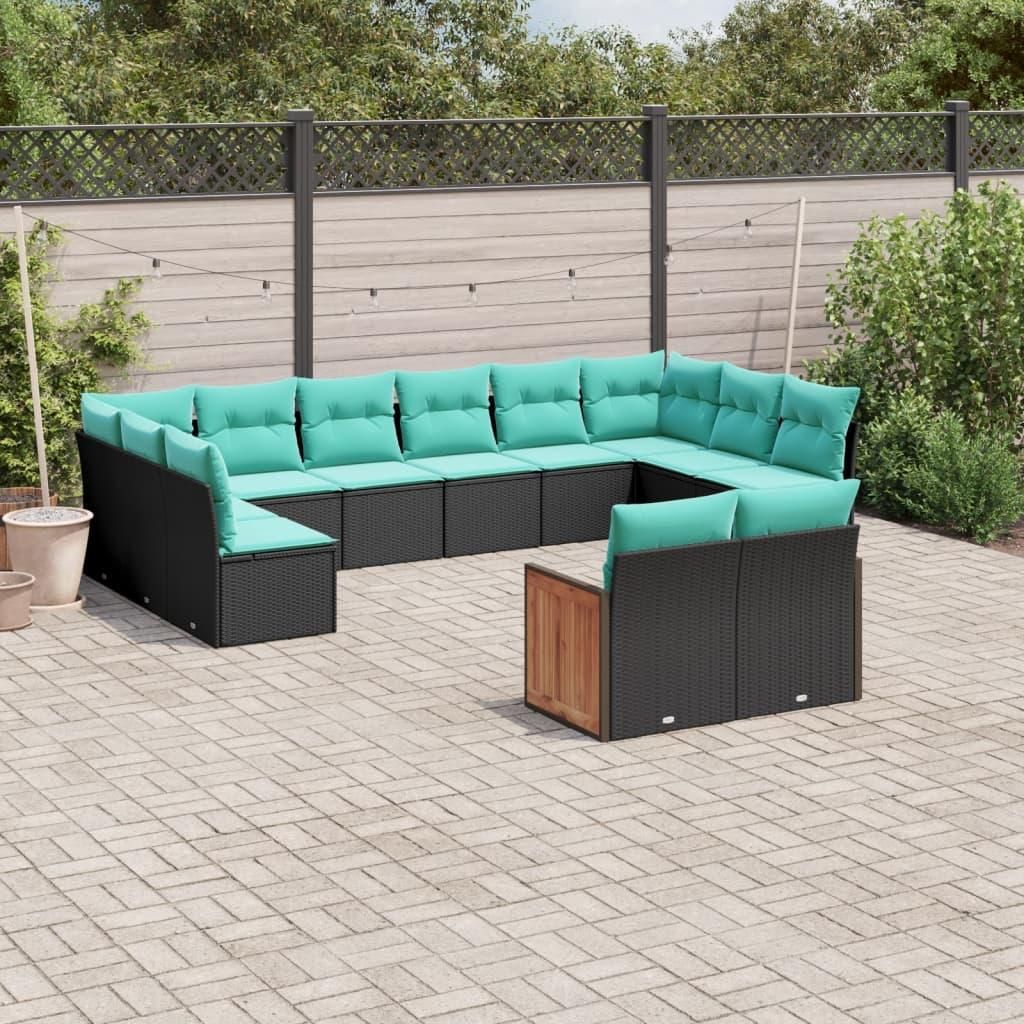 Möbel 12-teiliges Gartensofa-Set mit Kissen, schwarzes Polyrattan - Gartenmöbelgarnituren 3228122