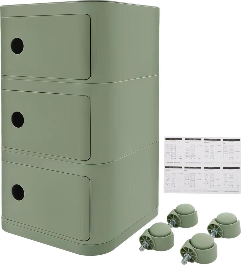 Nachttisch / Beistelltisch - 3 Ablagen - Universelle Rollen - Mobile Aufbewahrung - Für Schlafzimmer & Wohnzimmer - 32×32×63,3 cm - Grün