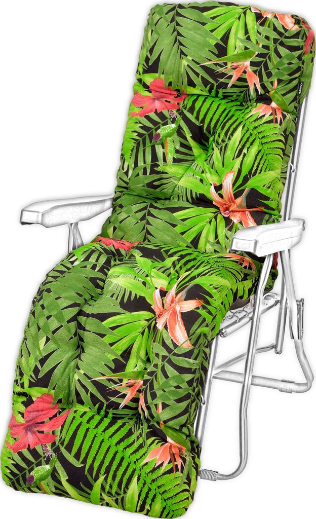 A padded lounge chair cushion with a tropical leaf and flower pattern.