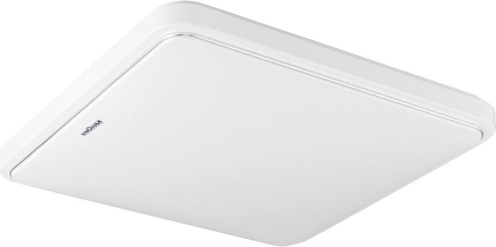 A white, square-shaped ceiling light with a slightly raised, rounded edge.