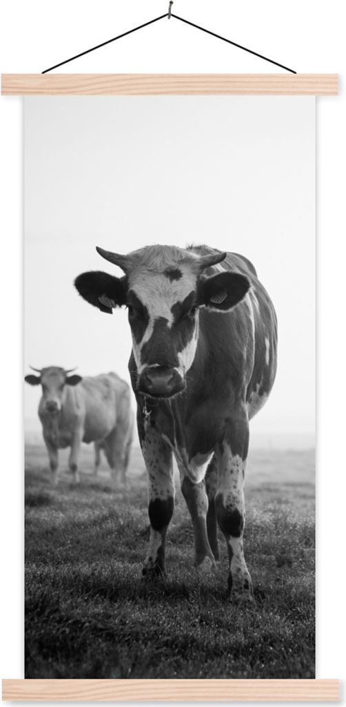 MuchoWow Textilposter Kühe im Morgennebel schwarz-weiß Foto 40x80 cm mit holzfarbenen Rahmen - Wohnzimmer