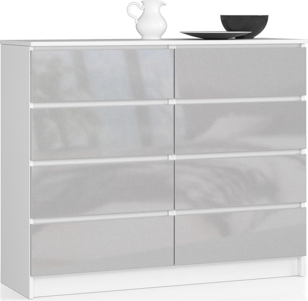 Kommode – Sideboard – Schubladenkommode – 120 cm – Weiß / Metallic Hochglanz – Geräumige Aufbewahrung mit 8 Schubladen