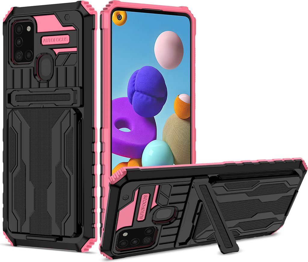 Galaxy A21S Hülle, Hybrid Robust Schutz Stoßfest Schutzhülle mit Kartenhalter Ständer für Samsung Galaxy A21S Rosa