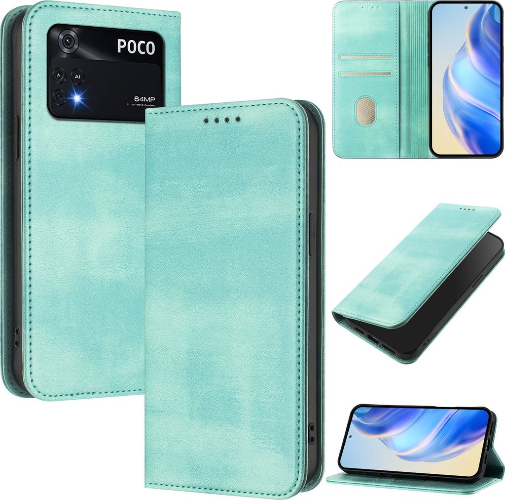 Handyhülle für Xiaomi Poco M4 Pro 4G, Vintage Leder RFID Schutz Kartenfach Standfunktion Magnetische Klapphülle Türkis