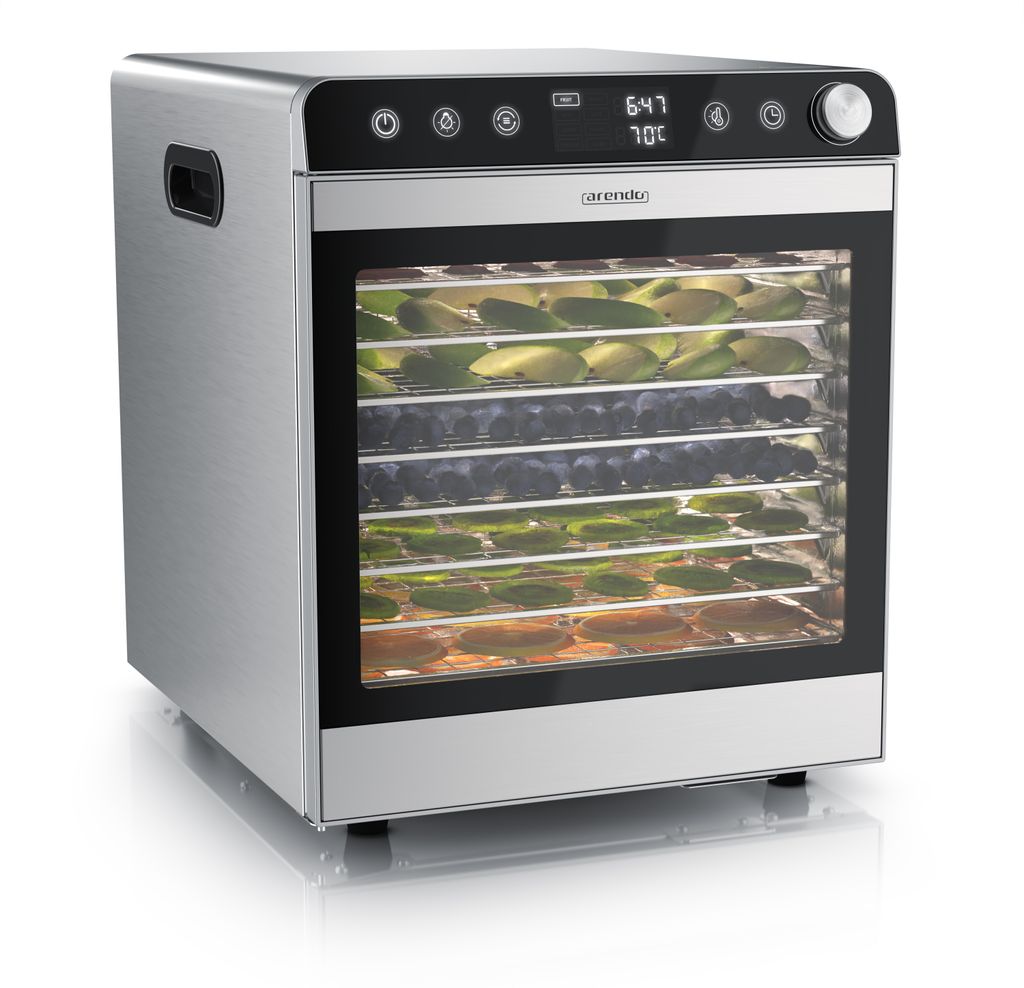 Arendo Dörrautomat Edelstahl, Dörrgerät, Dehydrator 800 W, 10 Etagen, Temperaturregler von 30° bis 85°C, Obst, Fisch, Fleisch Dörrapparat, O...