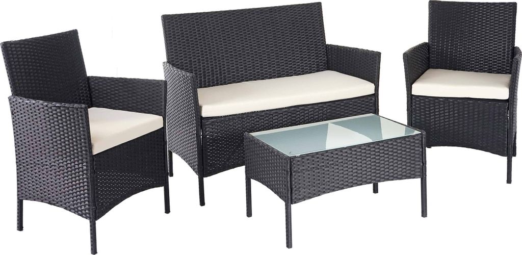 Poly-Rattan Garten-Garnitur HWC-D82, Sitzgruppe Lounge-Set - schwarz mit Kissen creme