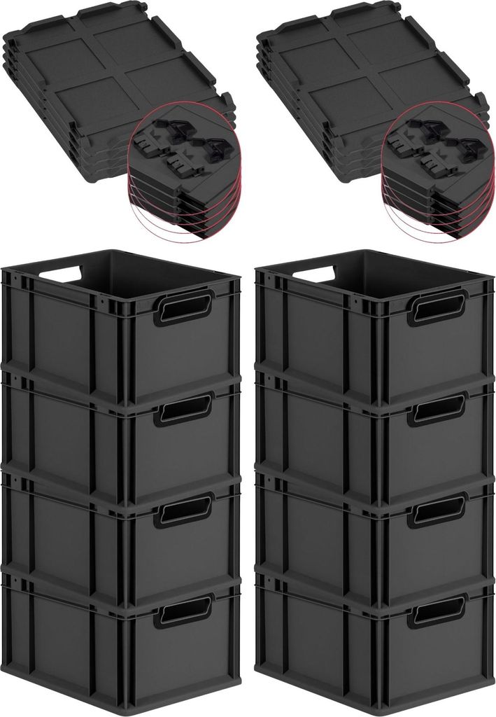 SuperSparSet 8x Eurobox NextGen Color mit Scharnierdeckel und Schiebeschnappverschlüssen | HxBxT 22x30x40cm | 20 Liter | Schwarz | Griffe schwarz ...