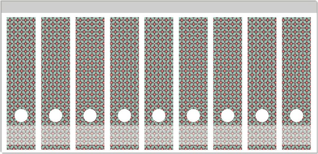 Wallario Ordnerrücken Sticker, selbstklebend für breite Ordner, 9 Stück, Motiv Muster mit Kreuzen, Kreisen und Vierecken, in rot, braun und grün