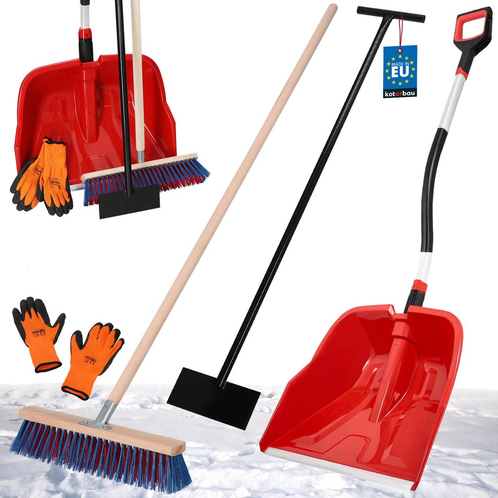 KOTARBAU Set Schneeschaufel mit Aluminiumstiel 144 cm Straßenbesen mit Stiel 150 cm Eisschaber 119 cm + Handschuhe Schneeschieber Schneeräumer ...