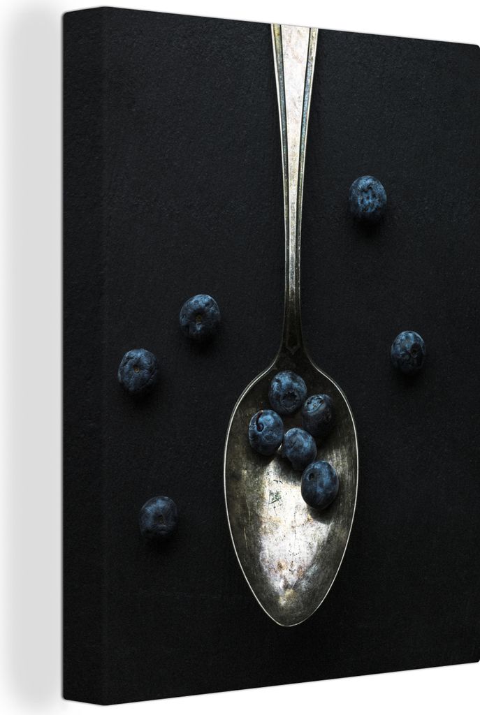 MuchoWow - Leinwandbilder - Blaubeeren - Löffel - Schwarz, Wandbild, Wanddeko Bilder Wohnzimmer, 30x40 cm