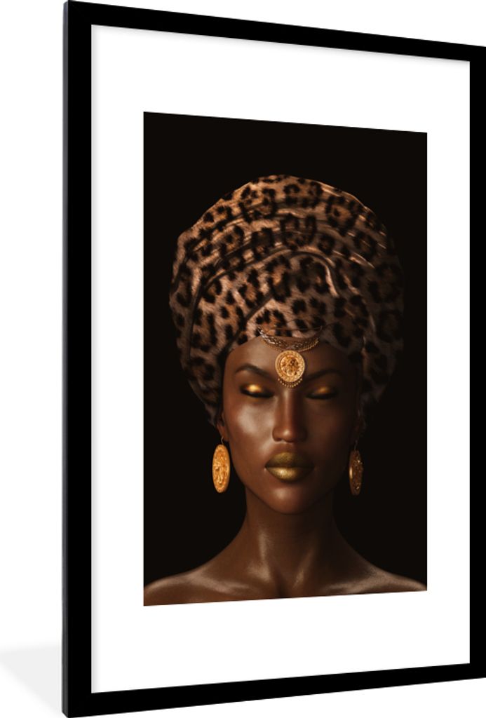 MuchoWow MuchoWow Gerahmtes Poster Frau - Kopftuch - Tigerdruck 60x90 cm - Poster mit zchwarzem Bilderrahmen - Dekoration - Wandposter Wohnzimm...