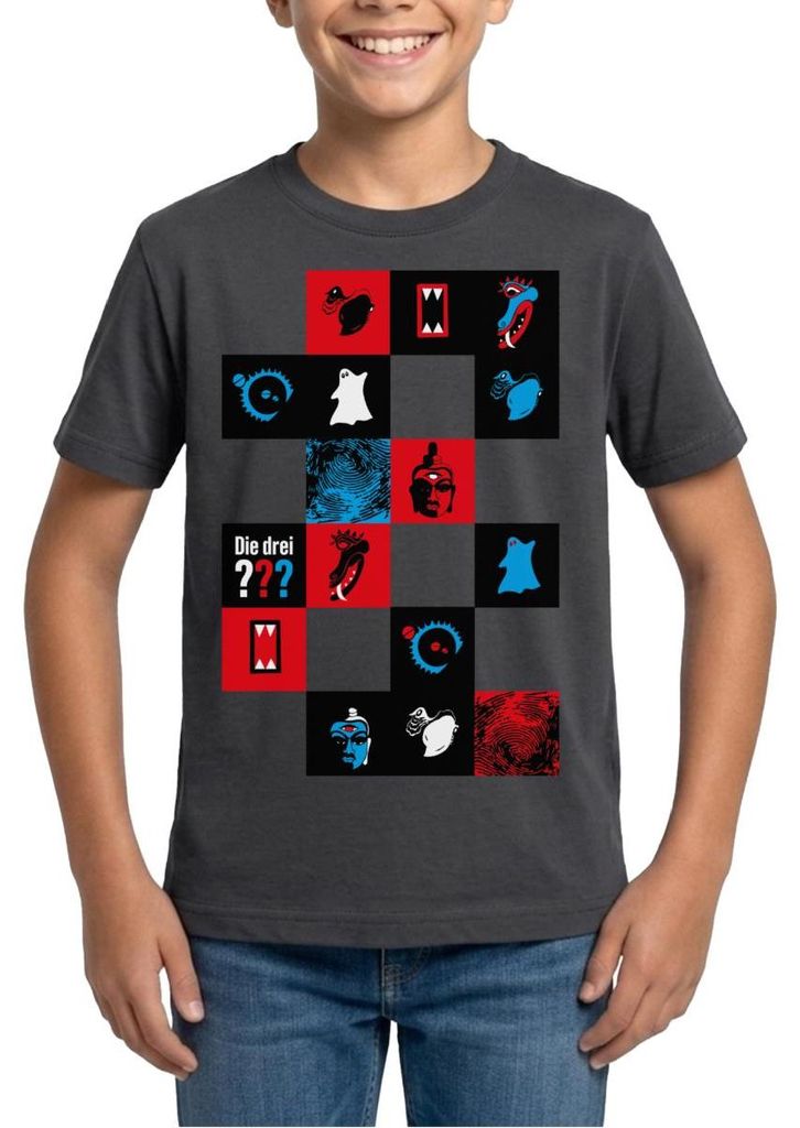 Spreadshirt Die Drei Fragezeichen Kacheldesign Teenager T-Shirt, 134/146 (9-11 Jahre), Dunkelgrau