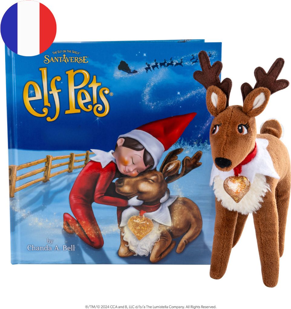 A book and a plush toy reindeer are displayed together.