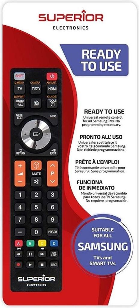 A product image of a remote control with marketing text and branding.