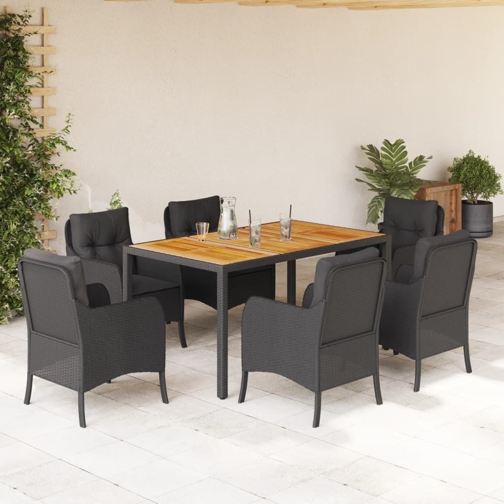 Design 7-tlg. Garten-Essgruppe mit Kissen Schwarz Poly Rattan, Gartenmöbel-Sets 2024 Neu